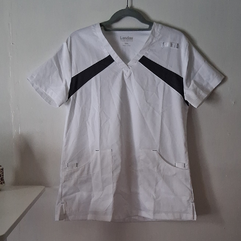 Landau Men's White Shirt with Black Accents Size small new with tags Scrubs Lot